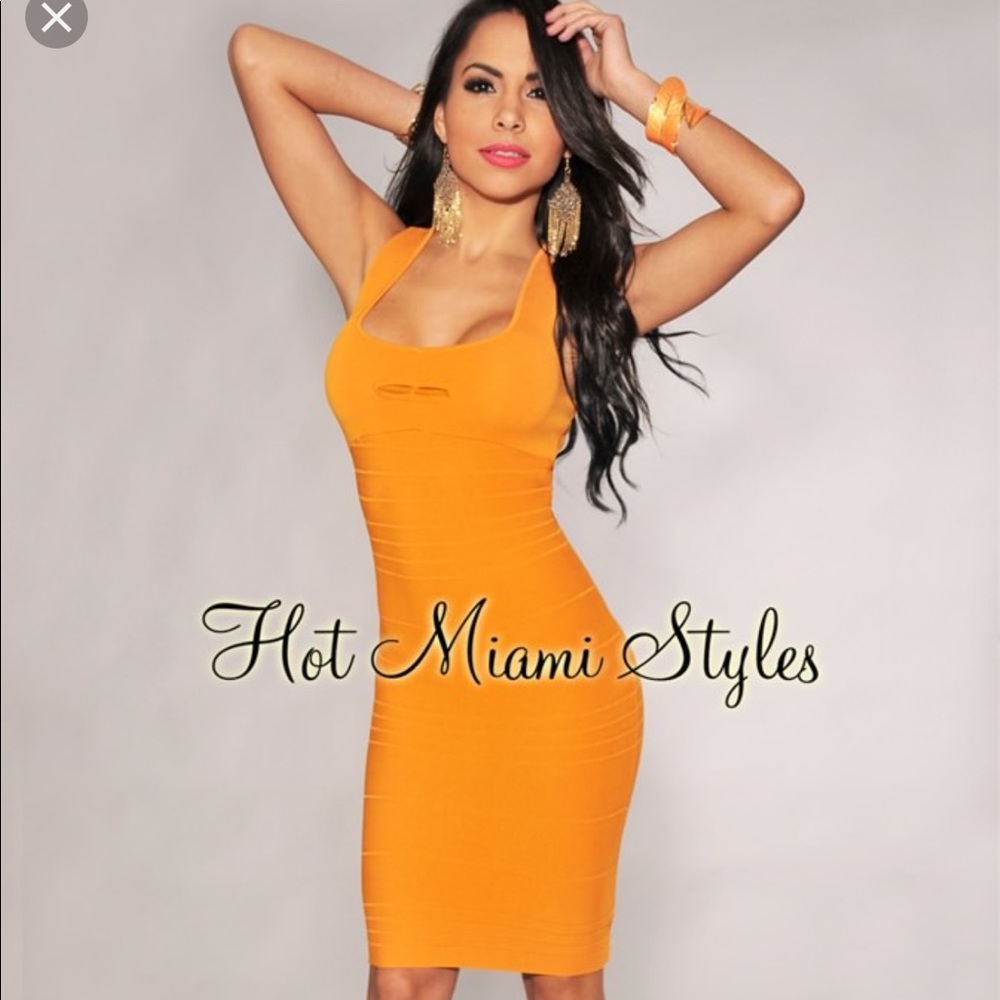 Hot Miami Styles Tangerine Peep Hole Bandage Dress